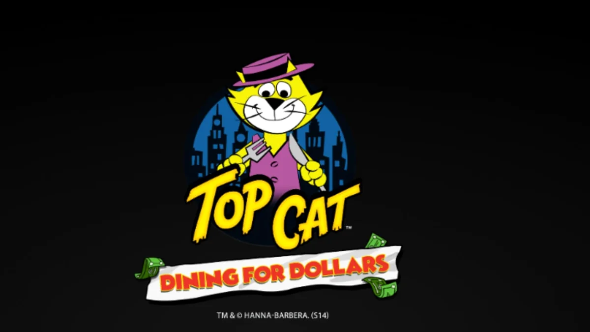 Top Cat Dining For Dollars slot game interface featuring cartoon cats in a diner setting.